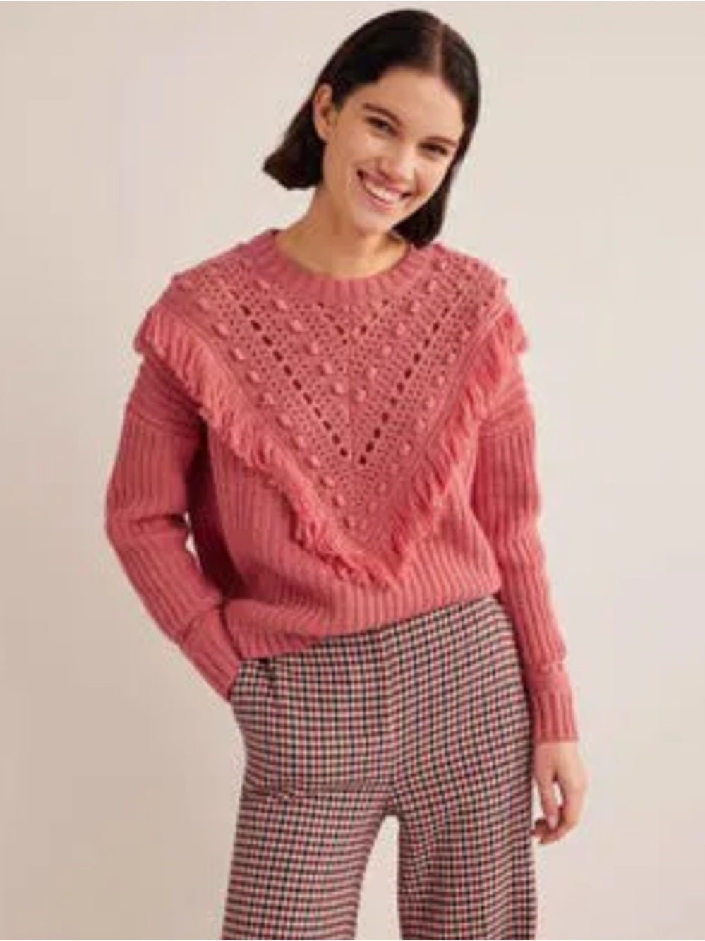 Boden salmon colored Fringed V-Yoke Crew Sweater